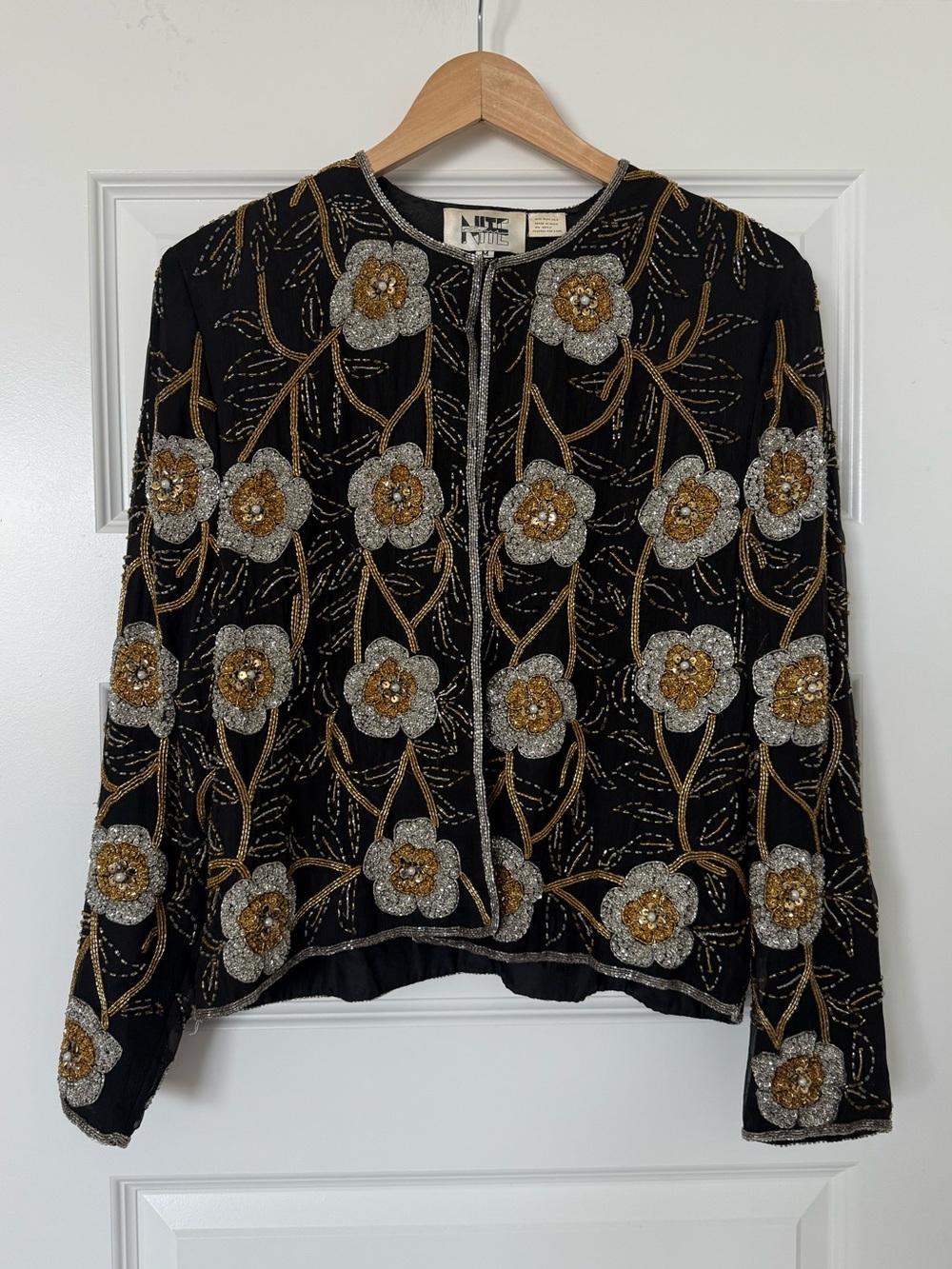 Vintage 90s Niteline 100% Silk Beaded Sequin Floral Jacket Medium Black Gold
